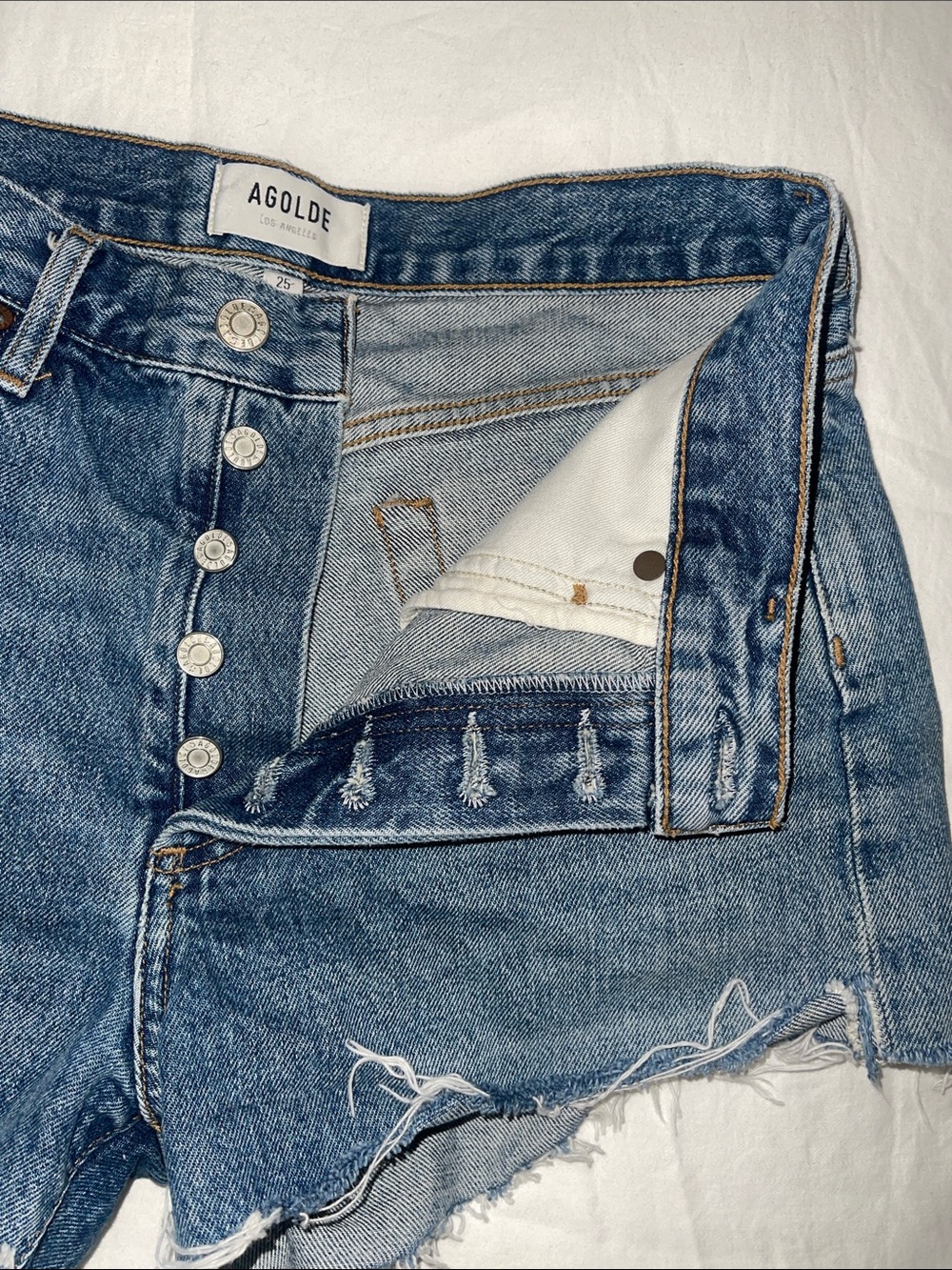 Agolde Raw Hem Distressed Jean Shorts in Medium Blue - Picture 7 of 16